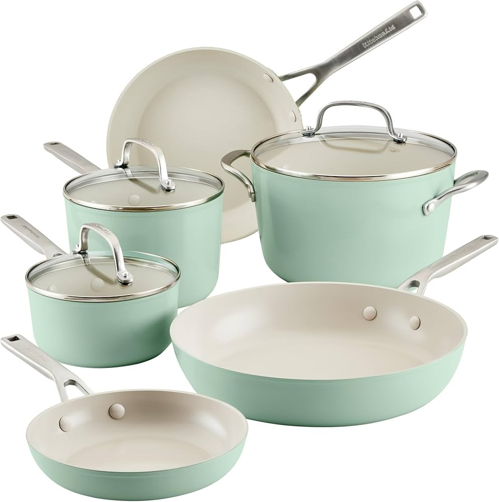 KitchenAid Hard Anodized Ceramic Ceramic Nonstick Cookware Pots and Pans Set, 9 Piece - Pistachio | Amazon (US)