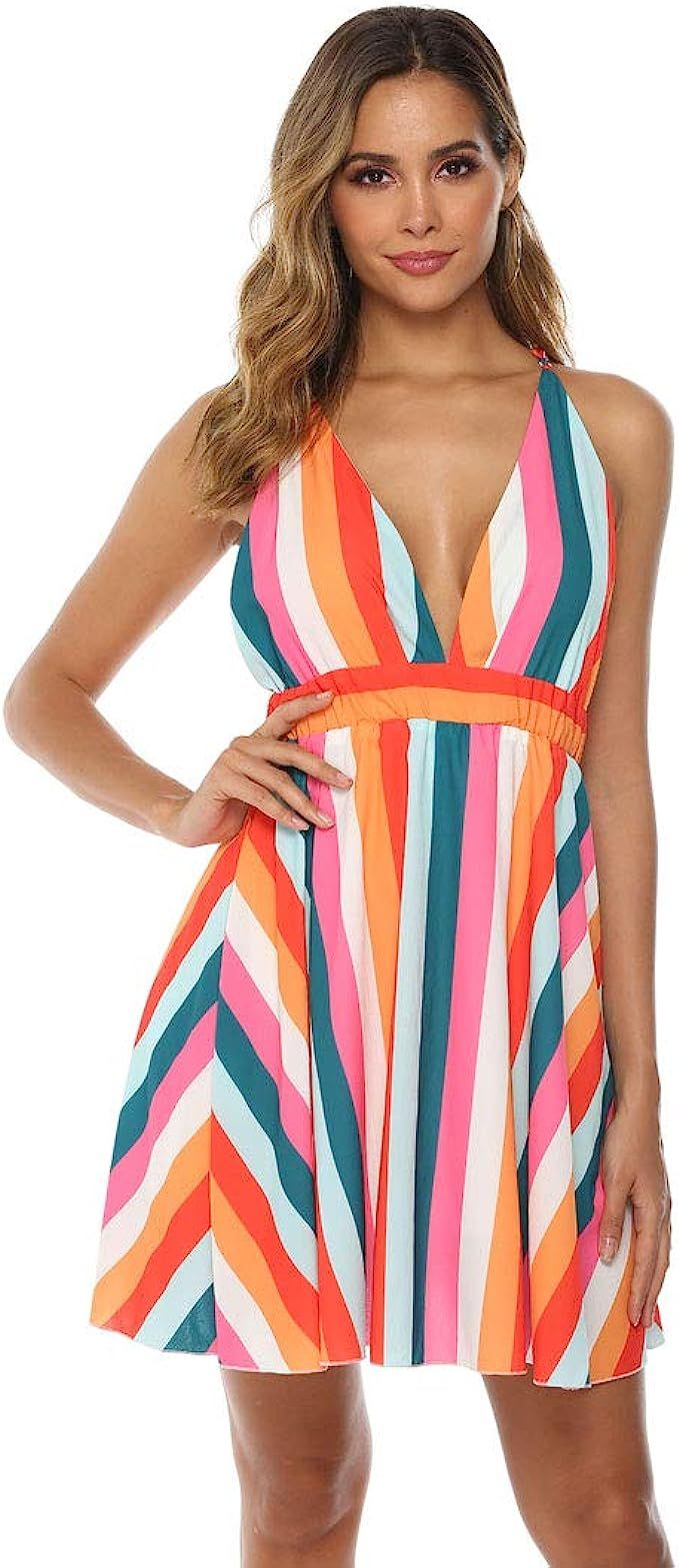 Women Backless Striped Dress Colorful Summer Beach Dress Deep V Neck Sundress Sexy Bohemian Chiff... | Amazon (US)