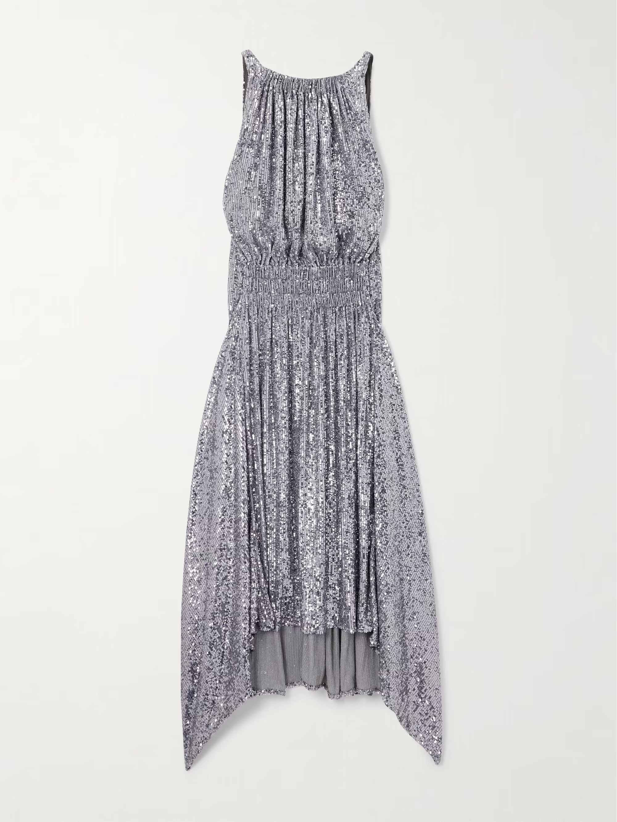 Asymmetric ruched sequin-embellished jersey midi dress | NET-A-PORTER (UK & EU)