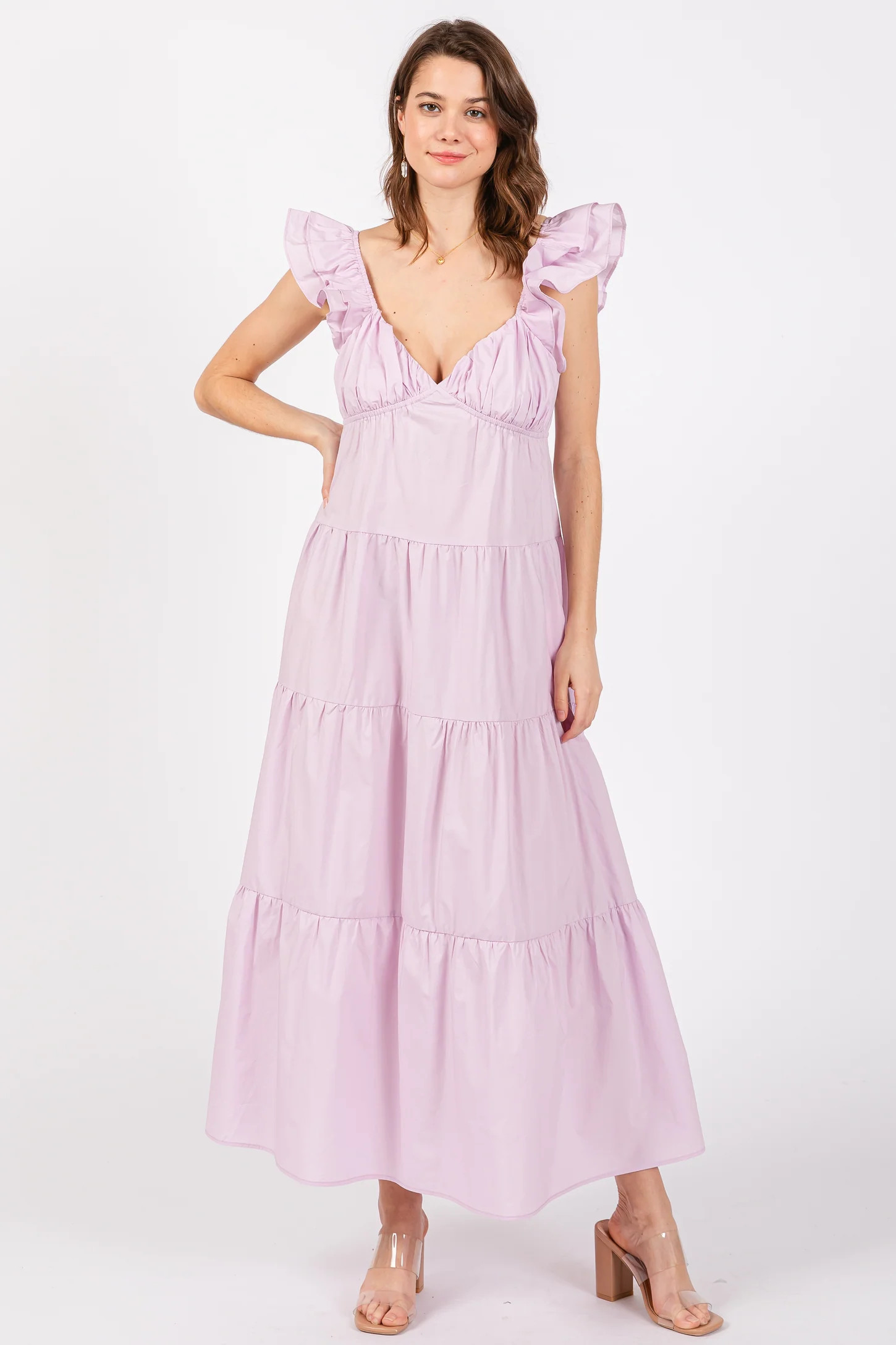 Lavender Flutter Sleeve Tiered Maxi Dress | PinkBlush Maternity