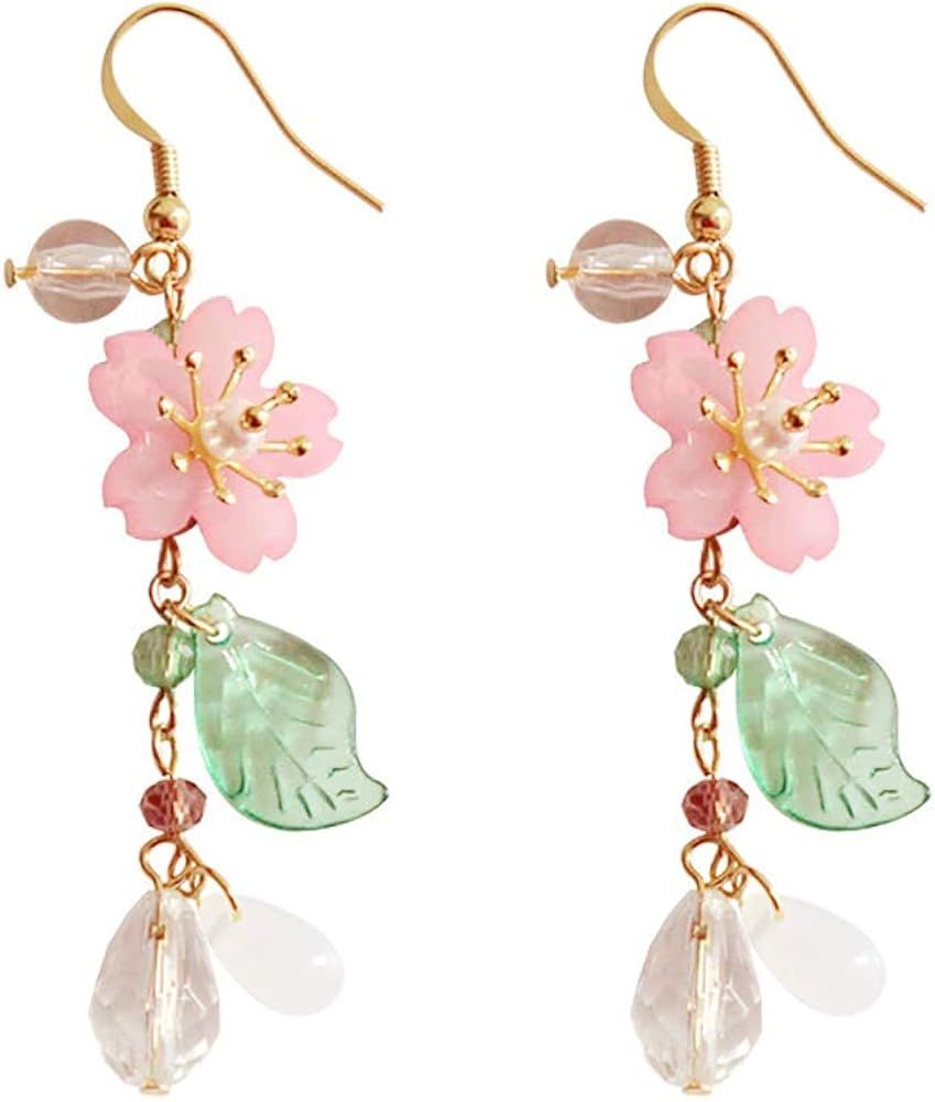 DOUBNINE Pink Flower Earrings Dangle Cherry Blossoms Sakura Floral Teardrop Butterfly Fairy Leaf Pet | Amazon (US)