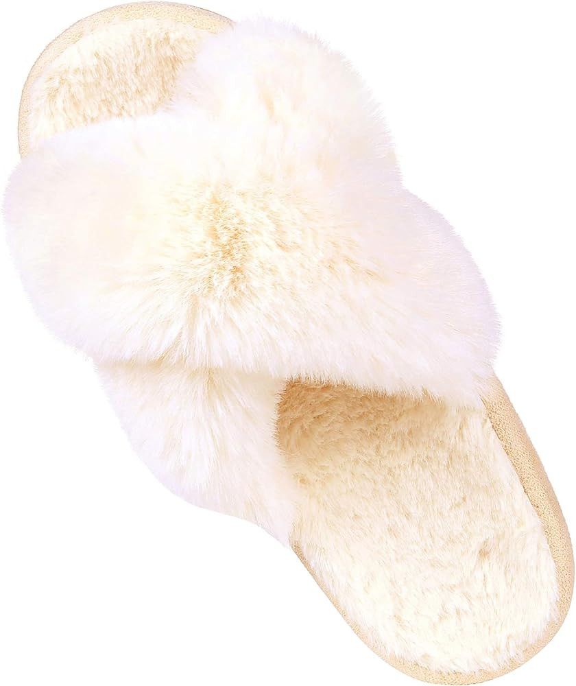 Comwarm Women's Cross Band Fuzzy Slippers Fluffy Open Toe House Slippers Cozy Plush Bedroom Shoes... | Amazon (US)