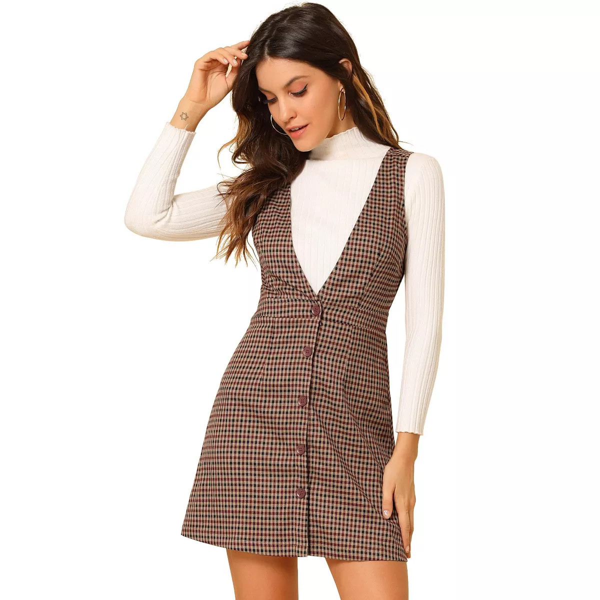 Allegra K Women's V Neck Gingham Check Pinafore Overalls Suspenders Dress White Brown Small | Target