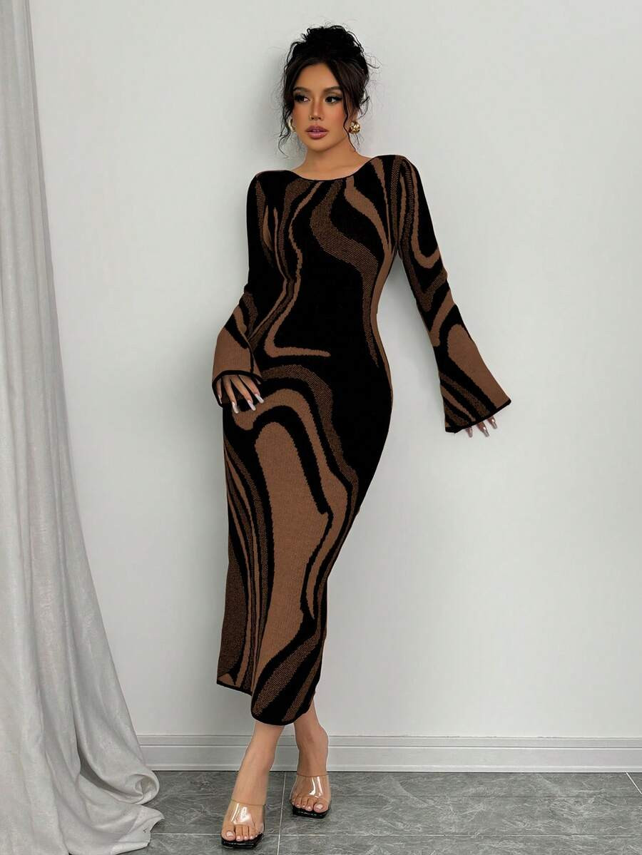 Elenzga Women's Fashion Color Block Flare Sleeve Bodycon Midi Dress | SHEIN