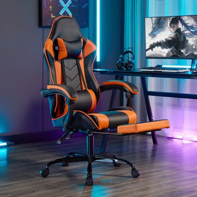 Racxily Ergonomic Gaming Chair, Gamer Chairs with Footrest, Leather Computer Chair with Headrest, Lumbar Support, Black Orange | Target