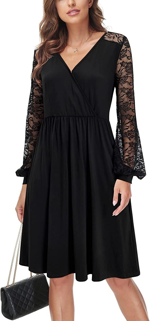 OUGES Women Floral Lace Wrap V Neck Puff Long Sleeve Elegant Cocktail Party Dress | Amazon (US)