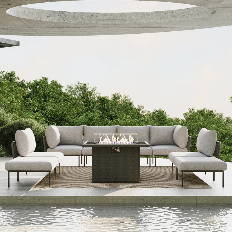 Ebern Designs 9 Pieces Aluminum Patio Furniture Set, Modern Modular Sectional Sofa with Fire Pit ... | Wayfair North America