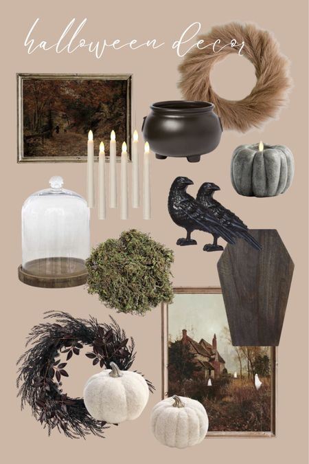 Aesthetic Halloween decor finds. Halloween charcuterie board, Halloween art from Etsy. Black crows, fall wreaths, floating candles, cloche and moss, cauldrons, and pumpkins. 

#LTKhome #LTKSeasonal #LTKparties