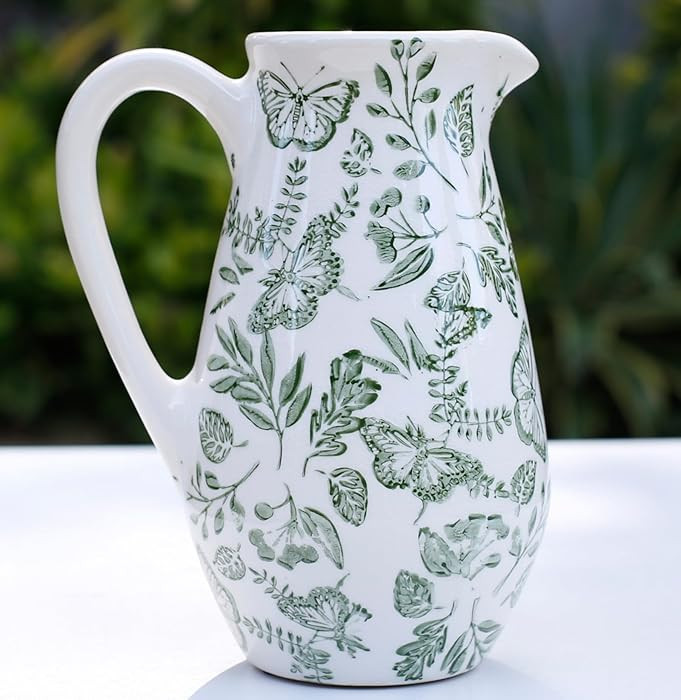 Decorative Ceramic Pitcher Vase, Green and White Floral Pattern, Flower Vase for Home Decor (Medi... | Amazon (CA)