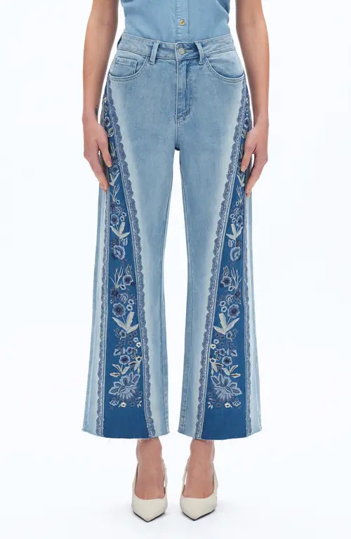 Bayeas Patchwork Embroidered High Waist Crop Jeans in Medium Blue at Nordstrom, Size 29 | Nordstrom