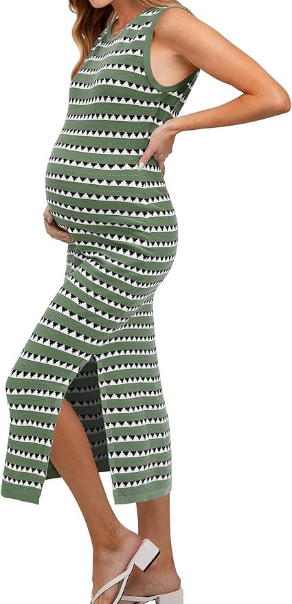 OUGES Women's 2024 Summer Maternity Dress Knit Sleeveless Crewneck Midi Dress Side Slit Striped B... | Amazon (US)