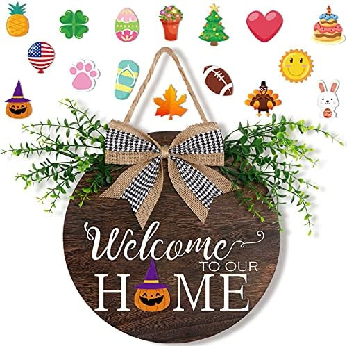 OurWarm Interchangeable Welcome Door Sign Front Door Decor, Rustic Wood Round Wreath with Buffalo... | Amazon (US)