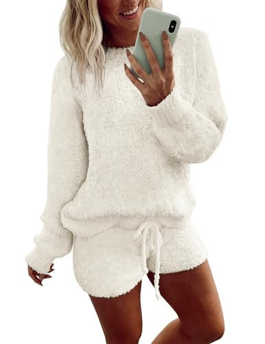 Ekouaer Fuzzy Fleece Pajamas 2 Piece Warm Soft Lounge Set Long Sleeve Sweater Top and Shorts Loungewear Outfits Sweatsuits White M | Amazon (US)