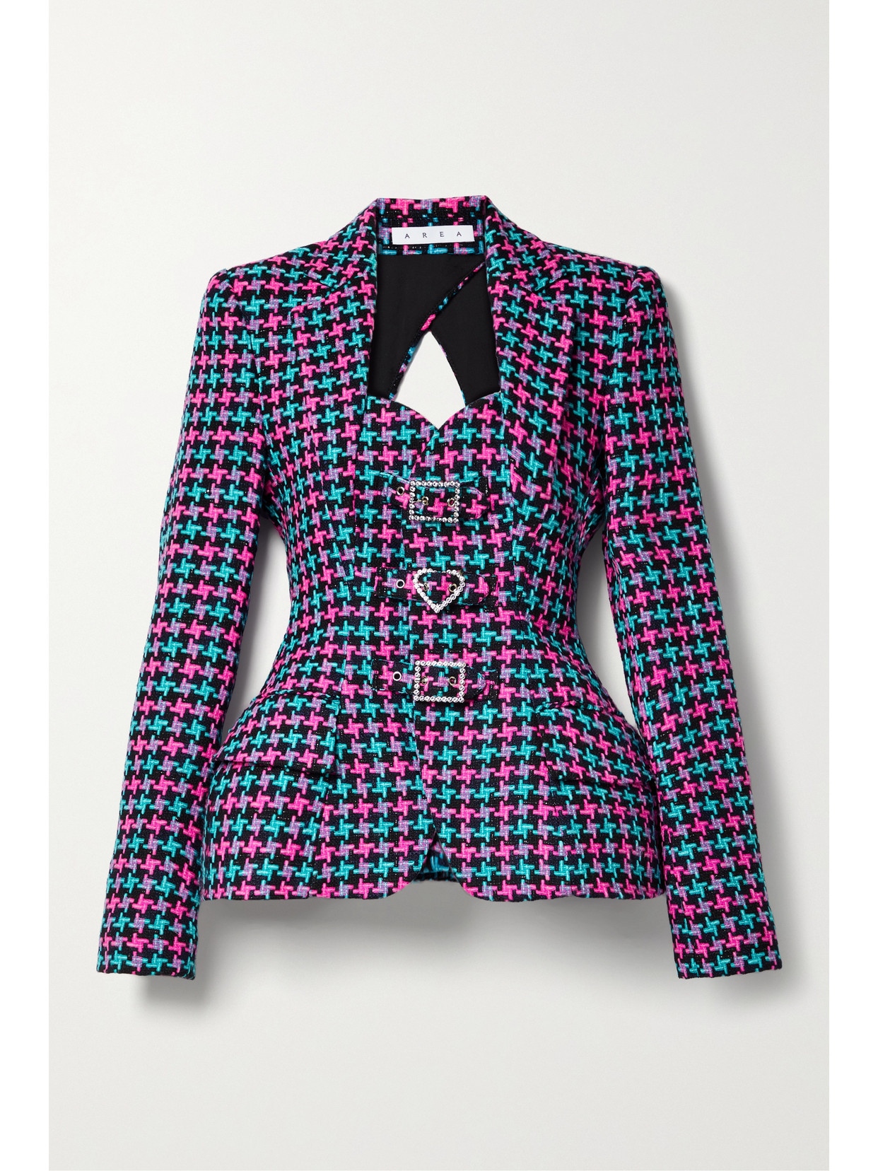 AREA - Crystal-embellished Open-back Checked Woven Peplum Blazer - Black | NET-A-PORTER (US)