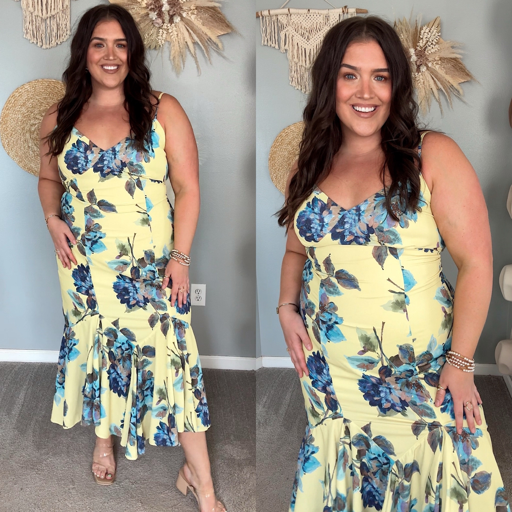 Stunning yellow + blue maxi dress 💙🌼 Beautiful print, flowy mermaid bottom and low back detail. Fits snug due to no stretch. Wearing a size XL

#LTKSaleAlert #LTKWedding #LTKPlusSize