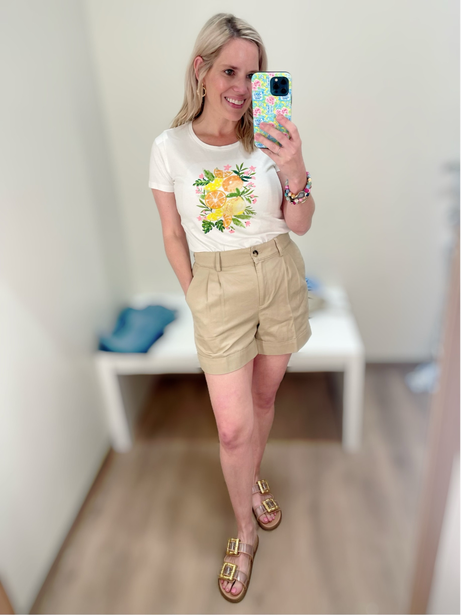 Pleated khaki shorts, lemon t-shirt, flat sandals, mom shorts, mom outfit 

#LTKFindsUnder50 #LTKOver40 #LTKFindsUnder100