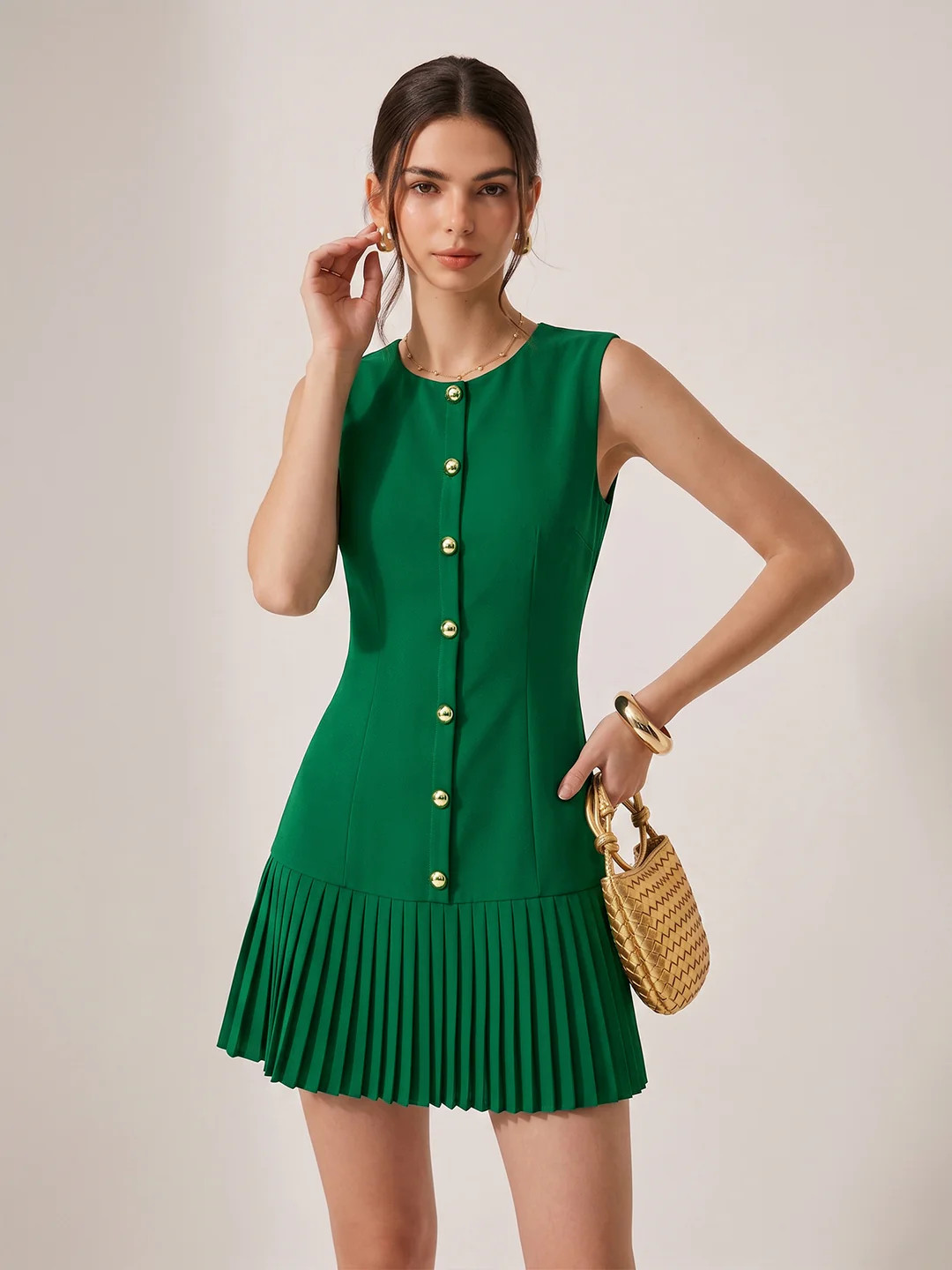 Metal Detail Sleeveless Slim Fit Pleated Mini Dress | Commense