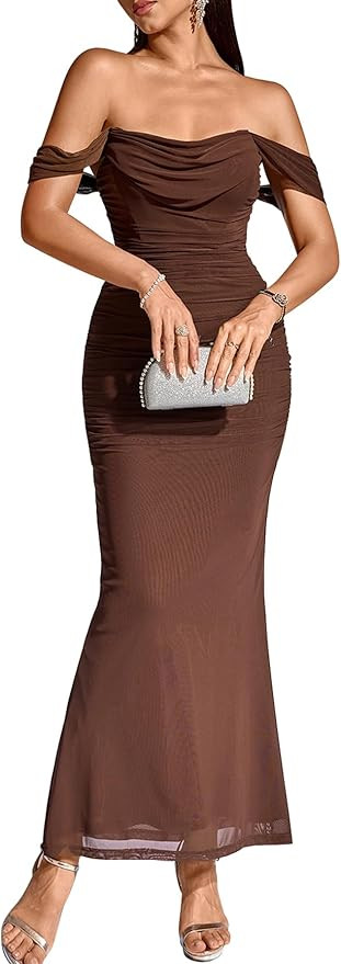 KUTUMAI Off The Shoulder Maxi Long Dress Corset Ruched Bodycon Formal Wedding Guest Dresses for W... | Amazon (US)