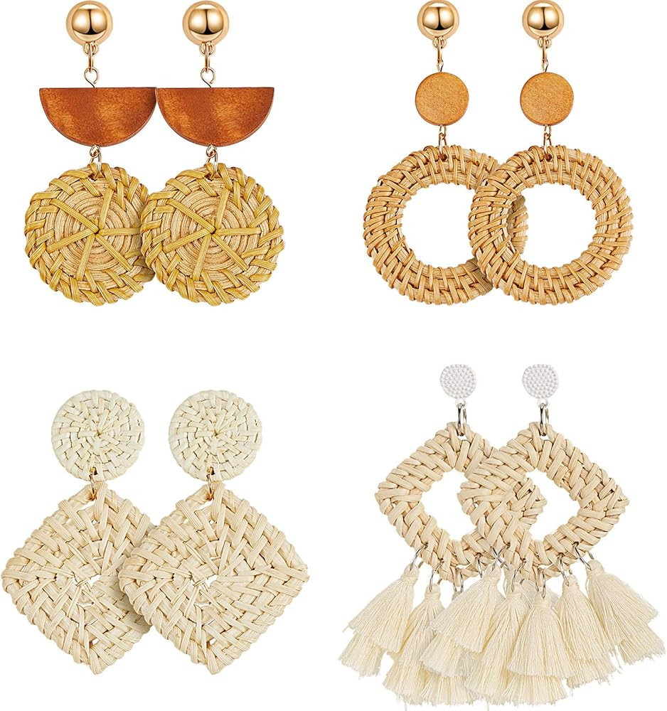 4 Pairs Rattan Earrings Woven Earrings Geometric Statement Woven Straw Rattan Tassel Earrings Han... | Amazon (US)