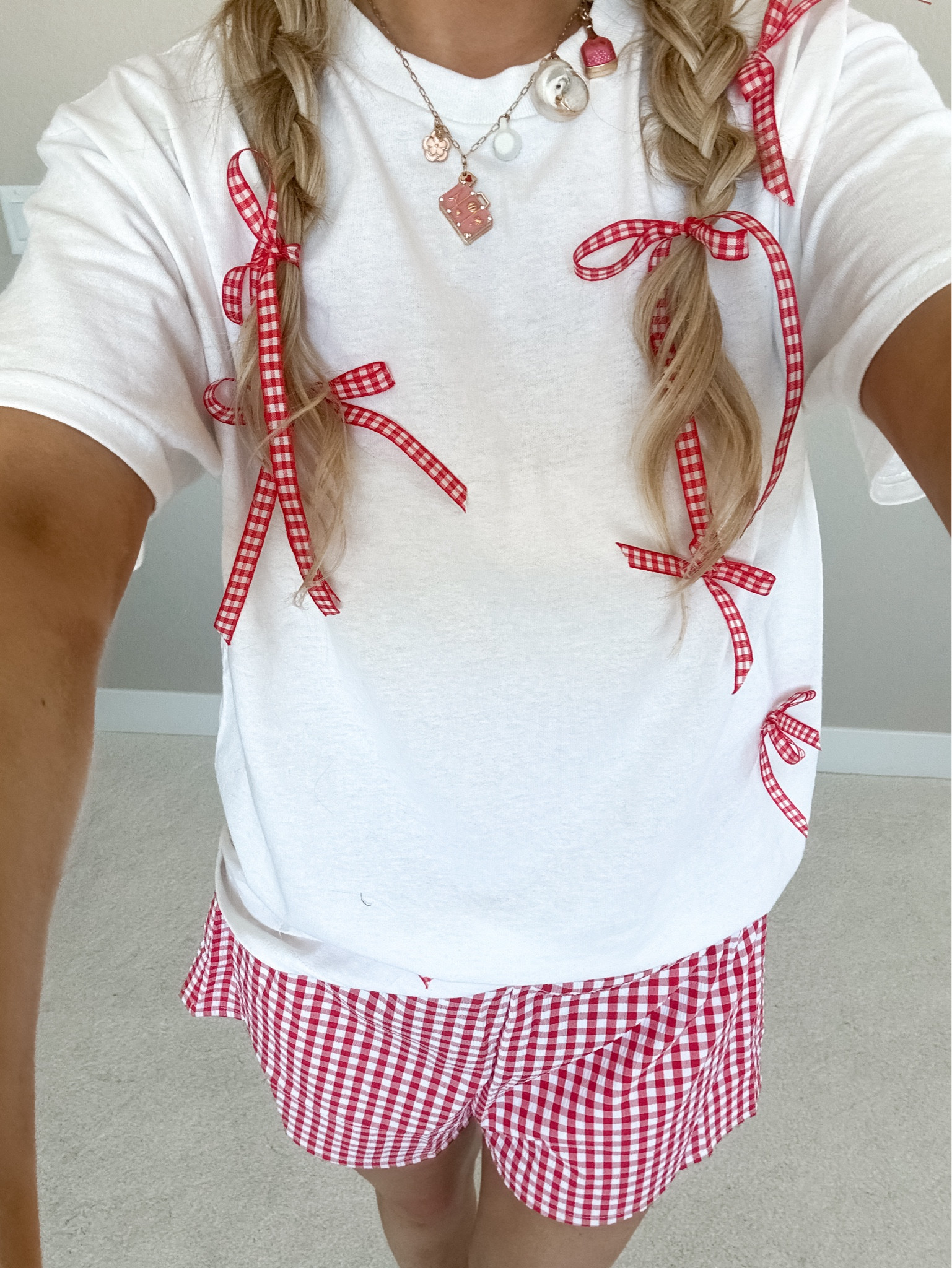 obsessed with co-ords and bows for a casual summer look • tshirt is handmade but products used are tagged • shirt size medium, shorts size xs • summer outfits, boxer short outfits, red gingham shorts outfit, red boxer shorts outfit, bows in hair, bows ribbon, braided hairstyles, charm necklace, outfits aesthetic, outfit ideas summer

#LTKFindsUnder50 #LTKStyleTip #LTKSeasonal