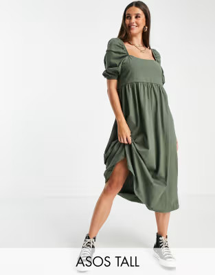 ASOS DESIGN Tall square neck gathered puff sleeve midi dress in khaki | ASOS (Global)