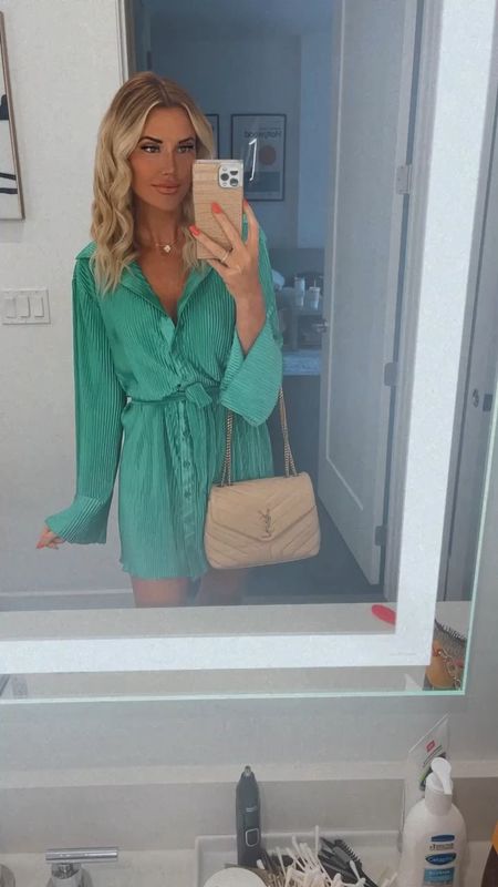 Green shirt dress with tie 
Fall outfit 
Fall dress
Date night 
Girls night out 
YSL Lou Lou bag 
Christmas dress
Holiday outfit
New Year’s Eve outfit 
Holiday work party 
Winter outfit 
Purse 

#LTKsalealert #LTKHoliday #LTKitbag