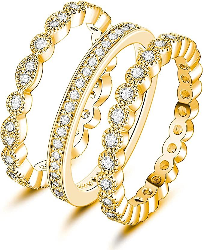 3Pcs 2mm Women Stackable Eternity Ring Wedding Bands,18K Gold Plated Cubic Zirconia Promise Rings... | Amazon (US)