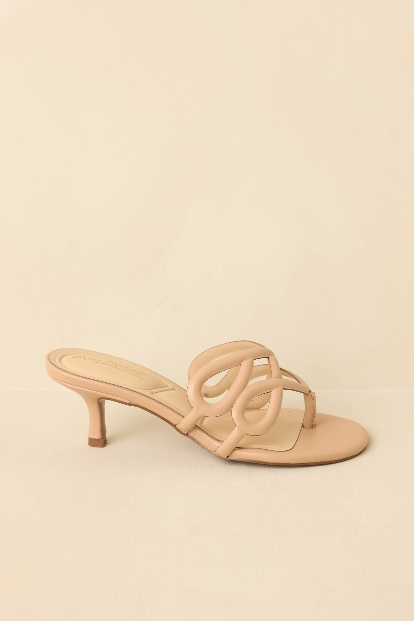 Go On, Then Beige Faux Leather Loop Detail Kitten Heel Sandals | Red Dress