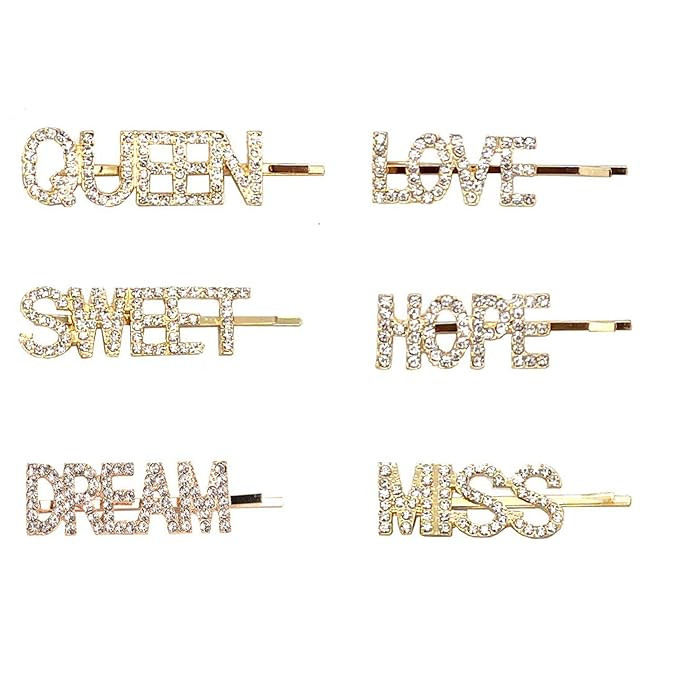 6 pieces Rhinestone Letter Bobby Pin, Word Crystal Hair pin, Metal Hair Clips, Sparkly Hair Acces... | Amazon (US)