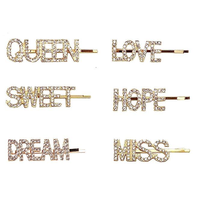 6 pieces Rhinestone Letter Bobby Pin, Word Crystal Hair pin, Metal Hair Clips, Sparkly Hair Acces... | Amazon (US)