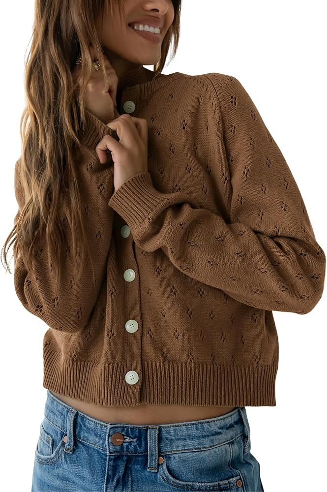Hongsui Women's Casual Solid Color Sweater Crewneck Button Down Cardigan Hollow Out Ribbed Knit T... | Amazon (US)