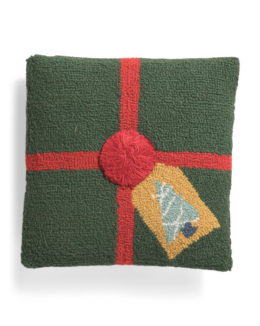 14x14 Wool Blend Hooked Present Pillow With Pom | TJ Maxx