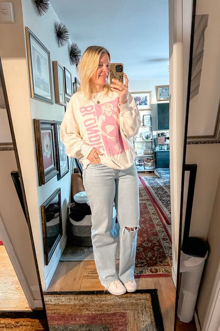 Casual Monday outfit with an oversized graphic sweatshirt. You can wear it with shorts in the summer or jeans during cooler spring days  

top xl
jeans 30 long 
shoes 8

#LTKover40 #LTKfindsunder50 #LTKstyletip
