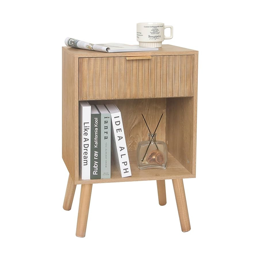 Night Stand with Drawer, Mid Century Nightstand with Storage, Modern Fluted Bedside Table Bedroom... | Amazon (US)