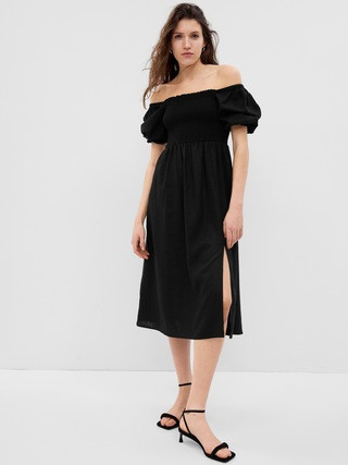 Linen-Blend Puff Sleeve Midi Dress | Gap (CA)