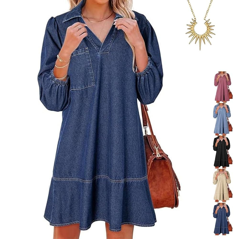 V-Neck Denim Dress — Where Comfort Meets Classic Style, V Neck Denim Dress for Women, Puff Slee... | Amazon (US)