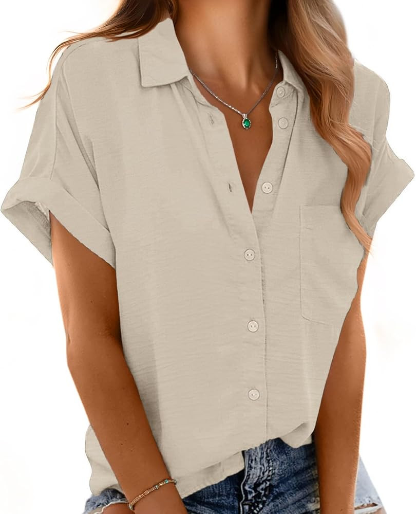 Short Sleeve Shirts for Women V Neck Loose Collared Button Down Shirt Casual Summer Tops with Poc... | Amazon (US)
