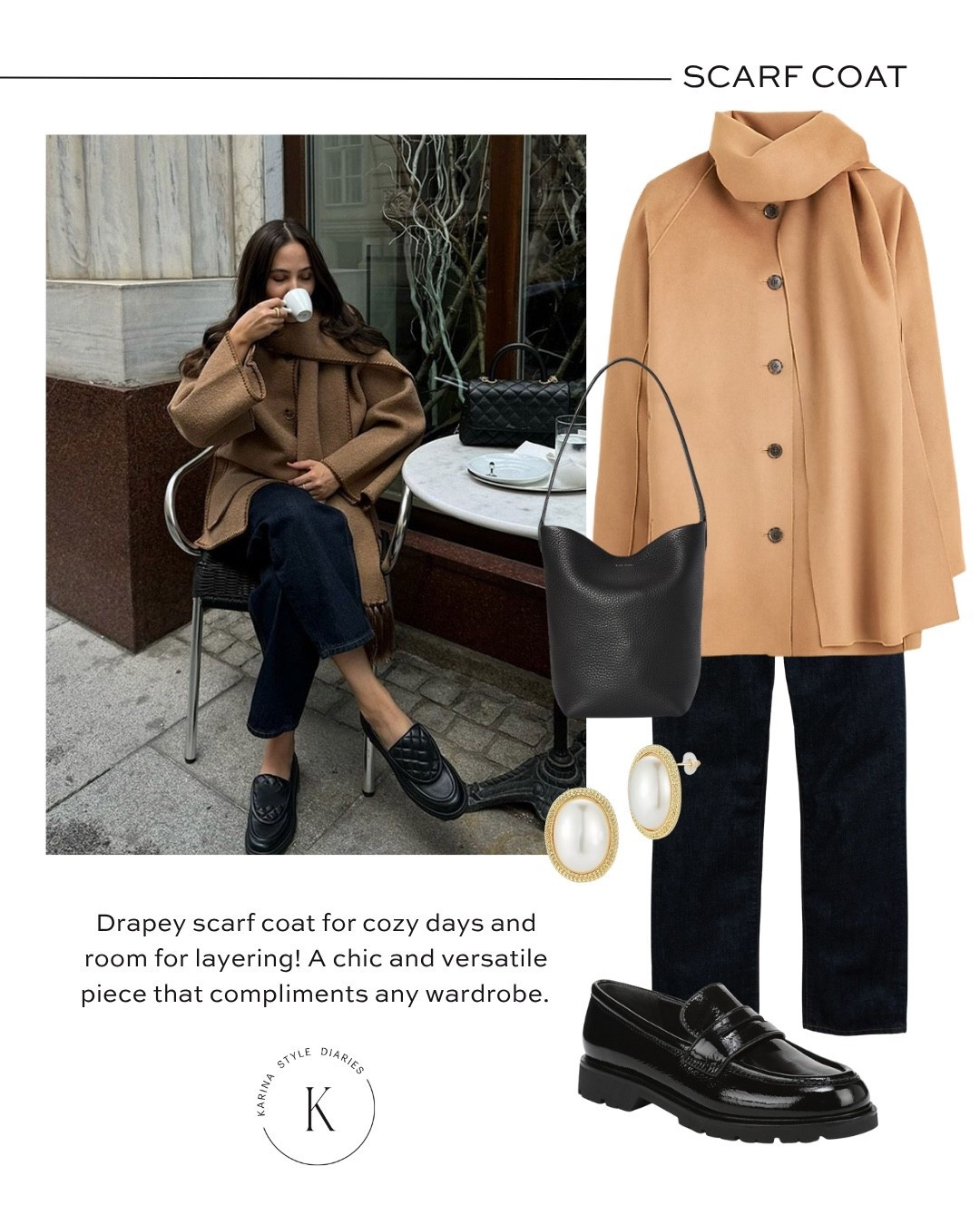 Camel scarf coat for a classic chic look🤎
Worn with black leather bucket bag lug sole leather loafers and dark wash jeans

#LTKWorkwear #LTKootd #LTKSeasonal