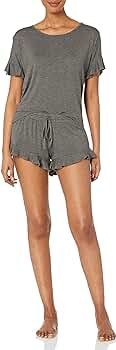 Amazon Brand - Mae Women's Sleepwear Ruffled Sleeve Shirt and Short Pajama Set | Amazon (US)