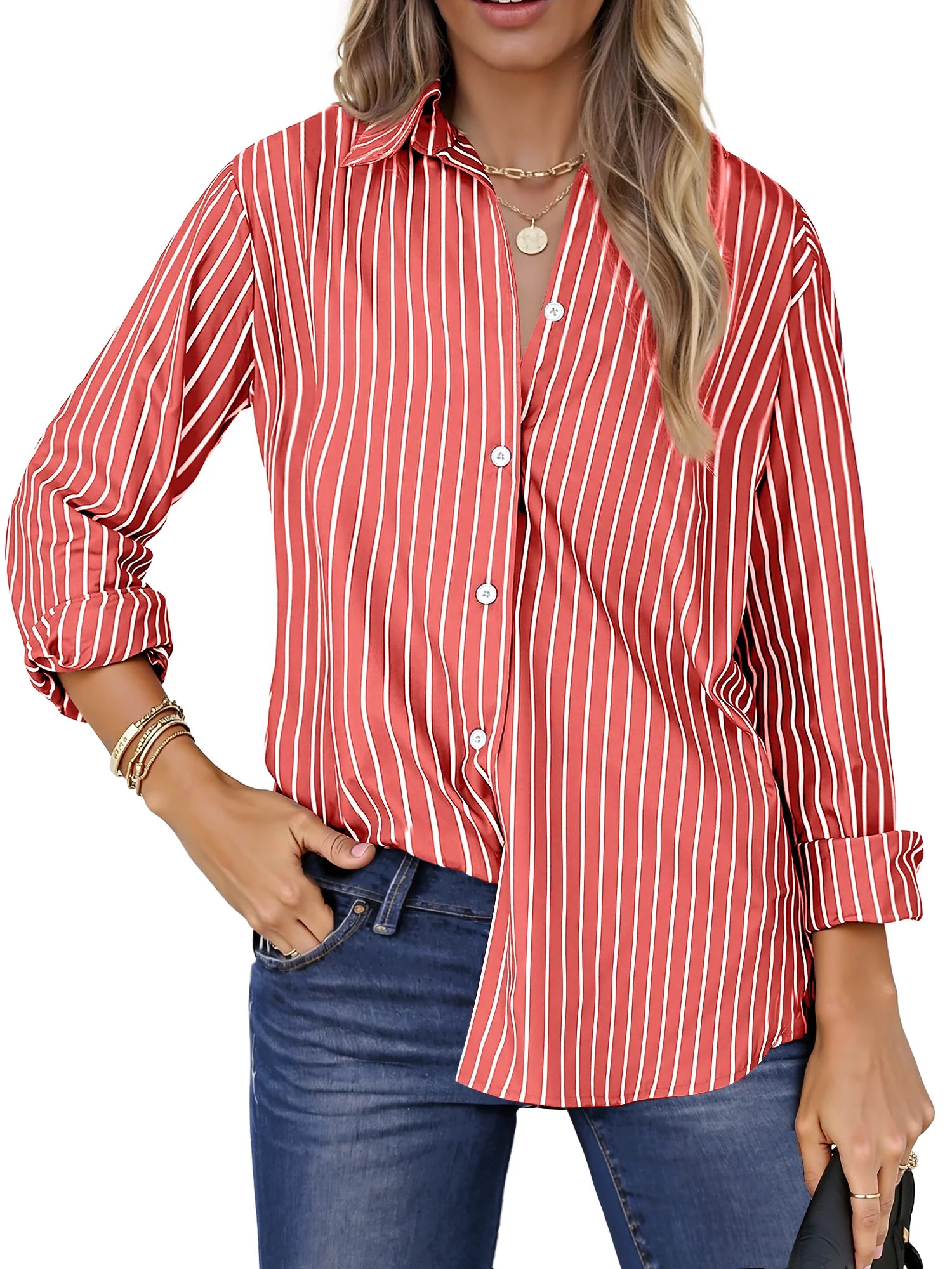 Fantaslook Striped Button Down Shirts for Women Classic Long Sleeve Collared Office Work Blouses ... | Walmart (US)