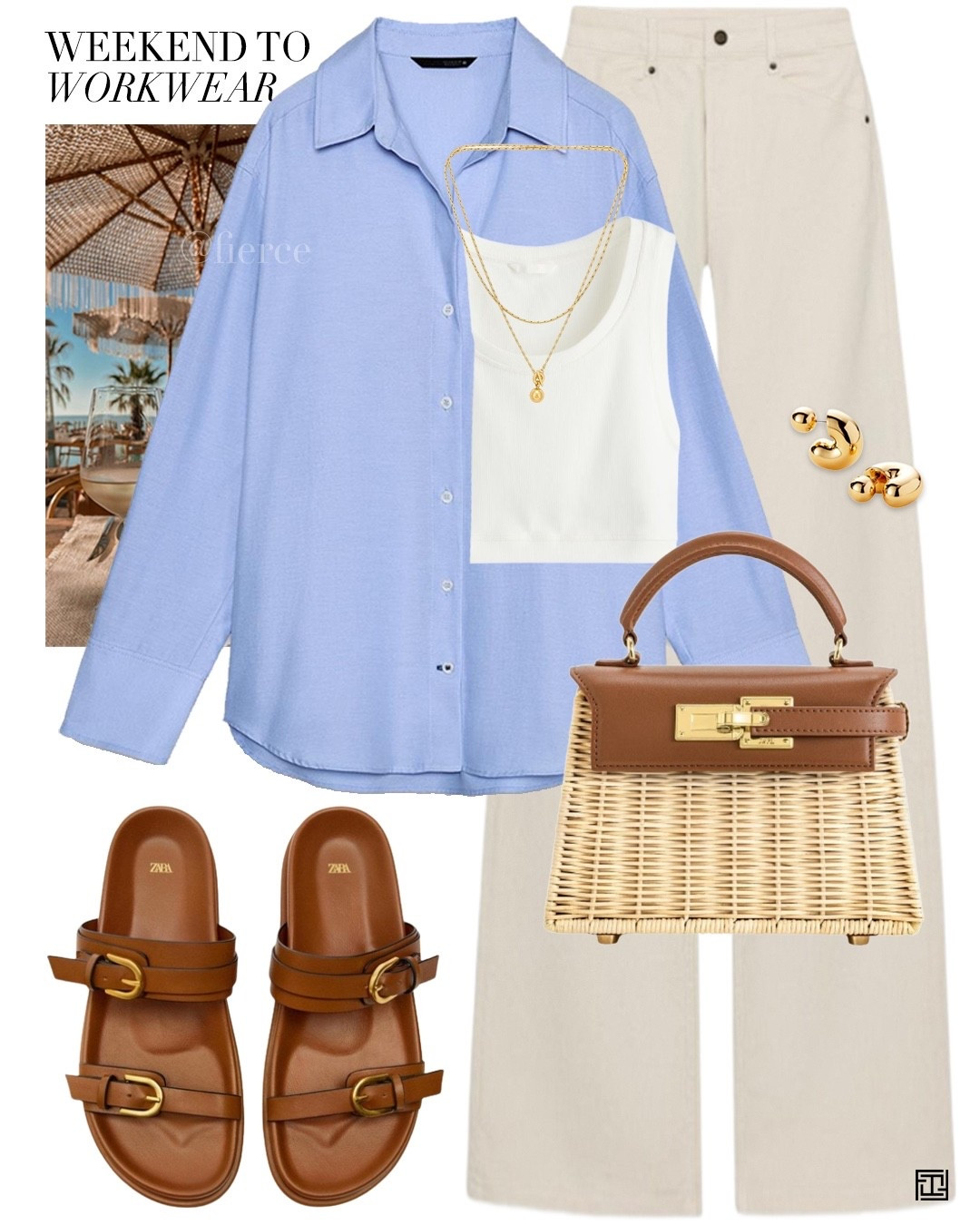 Blue shirt cream jeans brown sandals neutral brown wicker bag vacation weekend city break outfit 

#LTKspring #LTKuk #LTKsummer