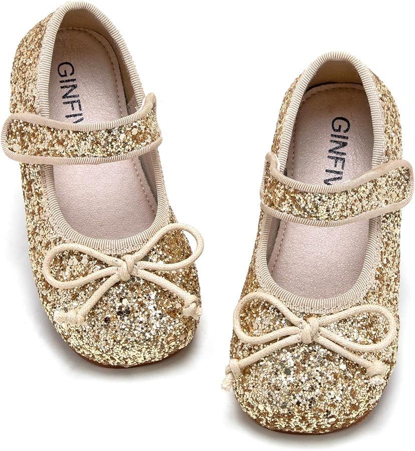 GINFIVE Toddler Girls Mary-Jane Little Girls Slip On Shoes Glitter Ballerina Flats Toddler | Amazon (US)
