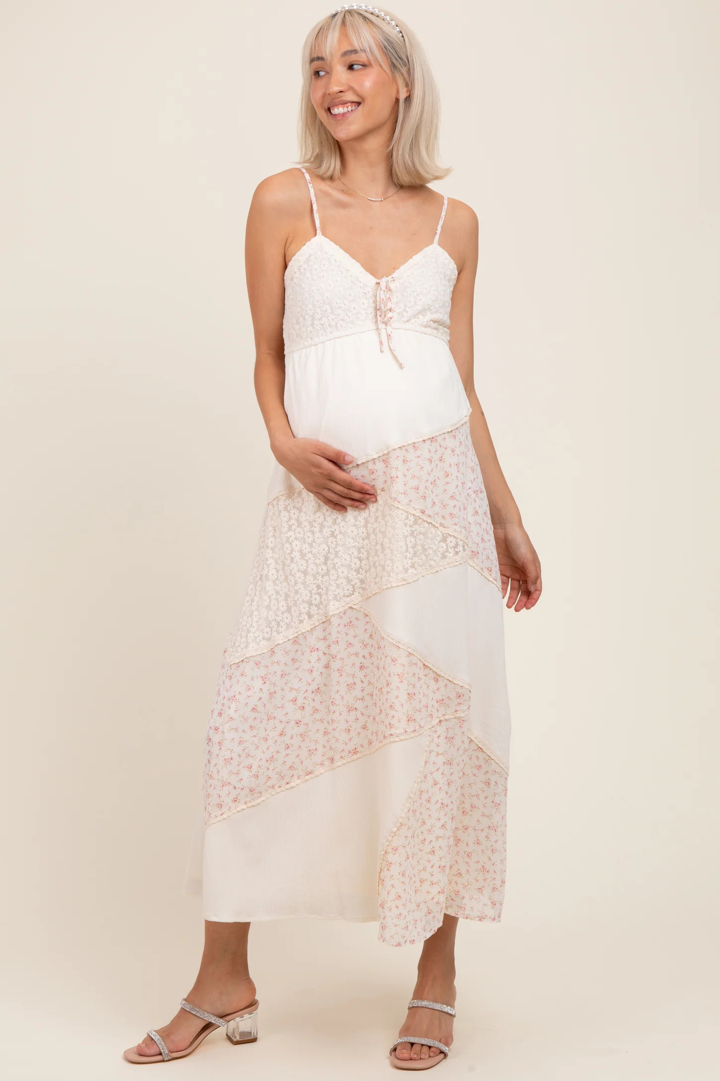 Cream Floral Sweetheart Neck Maternity Midi Dress | PinkBlush Maternity