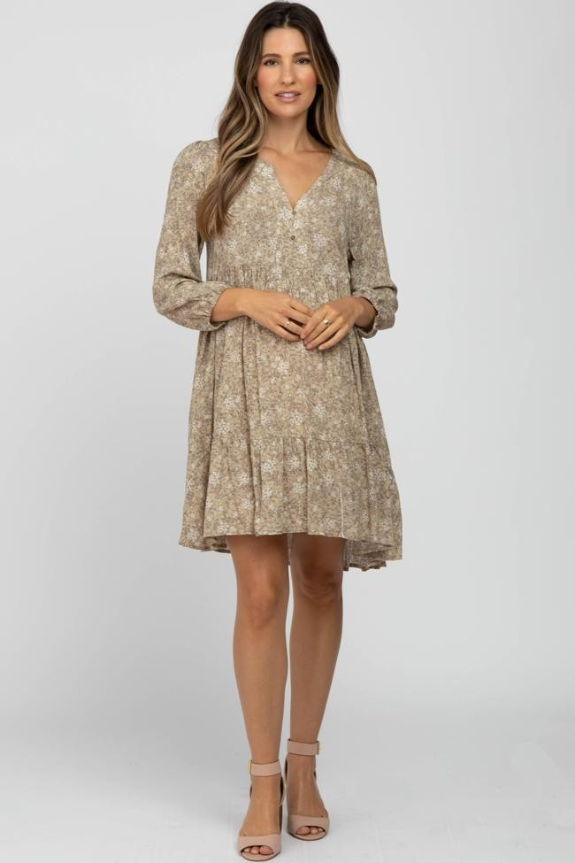 Taupe Floral Button Front Tiered Maternity Dress | PinkBlush Maternity