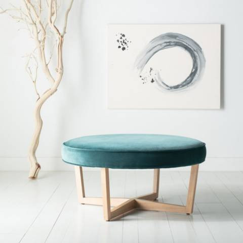 Tabby Dark Teal Velvet Round Ottoman | LampsPlus.com