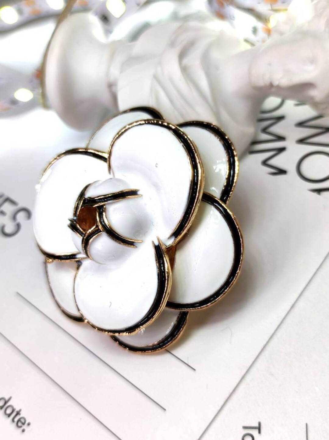 Camellia Flower White Enamel Gold Tone Brooch Pin Retro Inspired Broach No5 - Etsy Australia | Etsy (US)