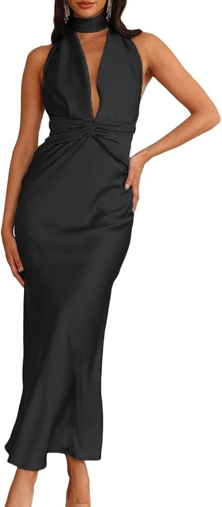 Summer Sexy Satin Backless Halter Maxi Dress for Women Elegant Sleeveless V Neck Twist Wedding Gu... | Amazon (US)