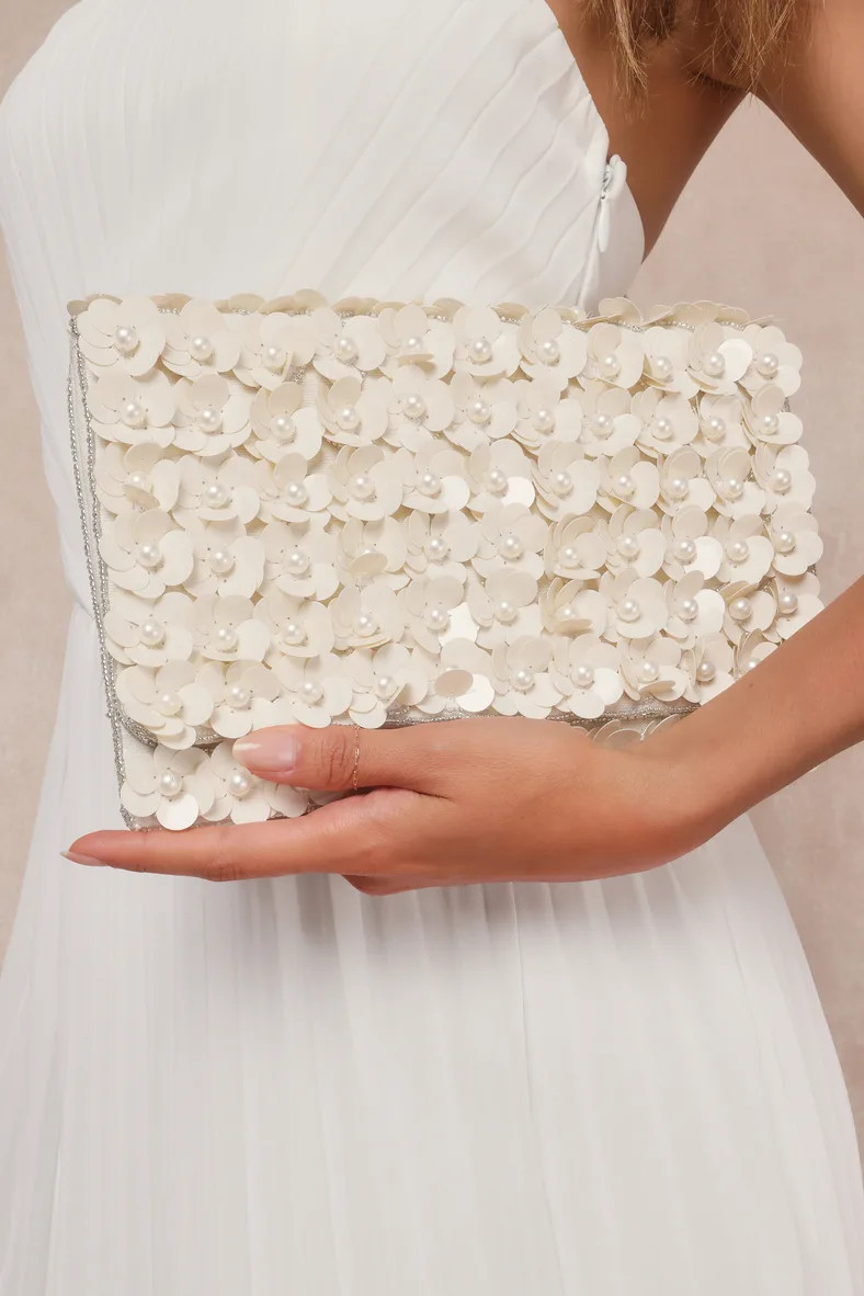 Sparking Perfection Ivory Floral Sequin Pearl Clutch | Lulus
