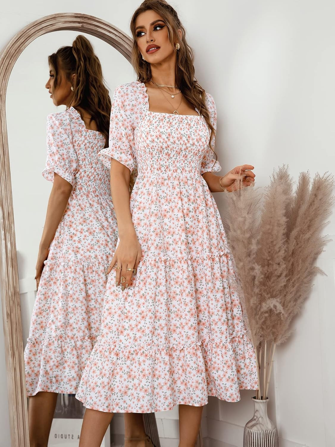 Vaiaye Women Square Neck Off Shoulder Midi Dress Chiffon Half Sleeve Summer Floral Ruffle Vintage El | Amazon (US)