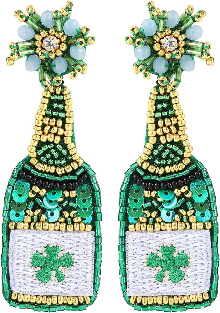 St. Patrick's Day Earrings Green Leaf Beaded Earrings for Women Handmade Shamrock Lucky Hat lepre... | Amazon (US)